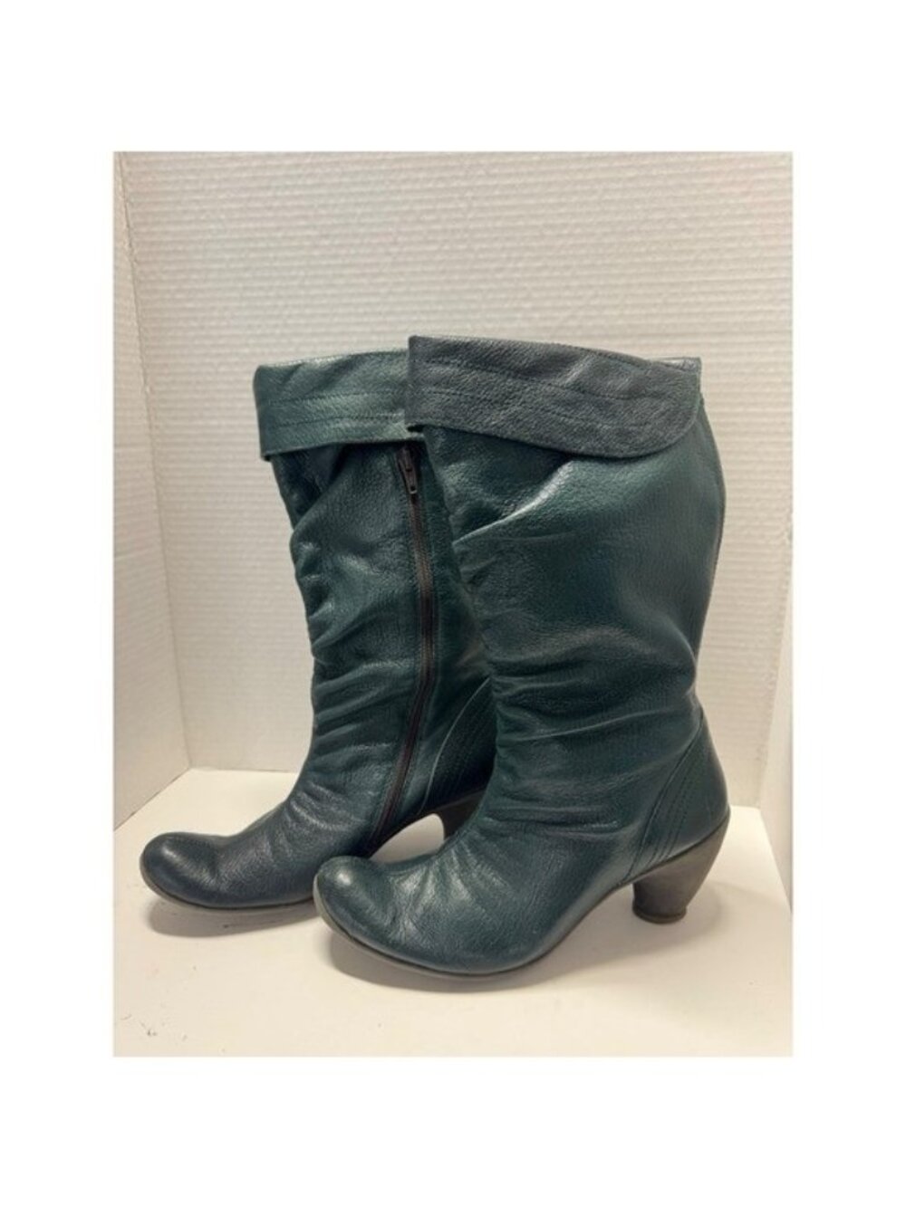 Fly London Dark Green Pebbled Leather Slouch Mid-Calf Boots  Size 38 7.5